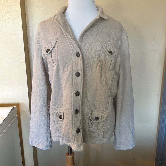 Coldwater Creek Jackets & Blazers - Coldwater Creek Quilted Jacket Tan Woven‎ "Leather" Buttons Woman's Petite Large